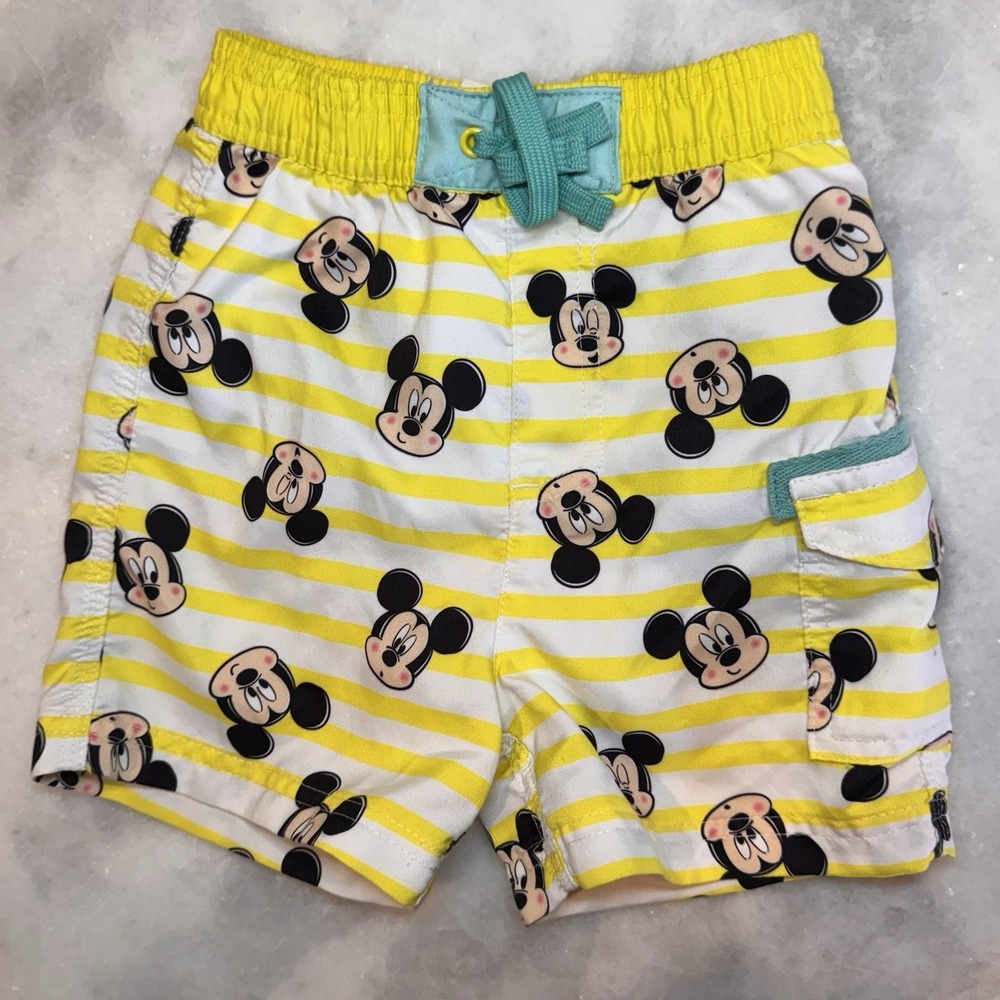 Disney Baby Mickey Mouse Swim Trunks 18-24M Yellow White Stripe Board Shorts L